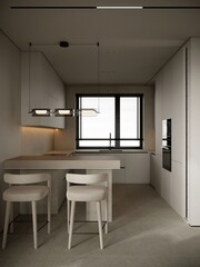Beige interior living room with kitchen sofa, chairs and big windows