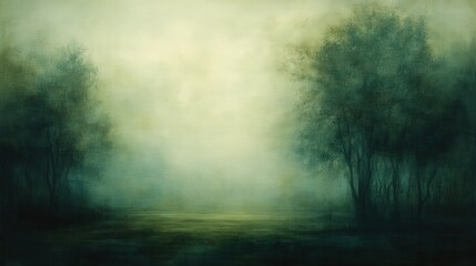 A misty landscape featuring trees in soft hues of green, creating a serene and tranquil atmosphere.