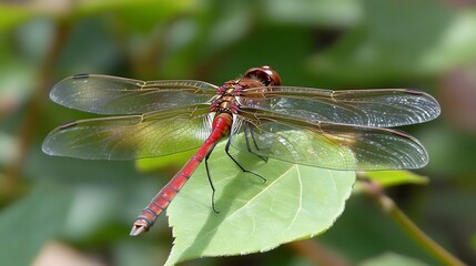 Stunning Red Dragonfly on Green Leaf Closeup