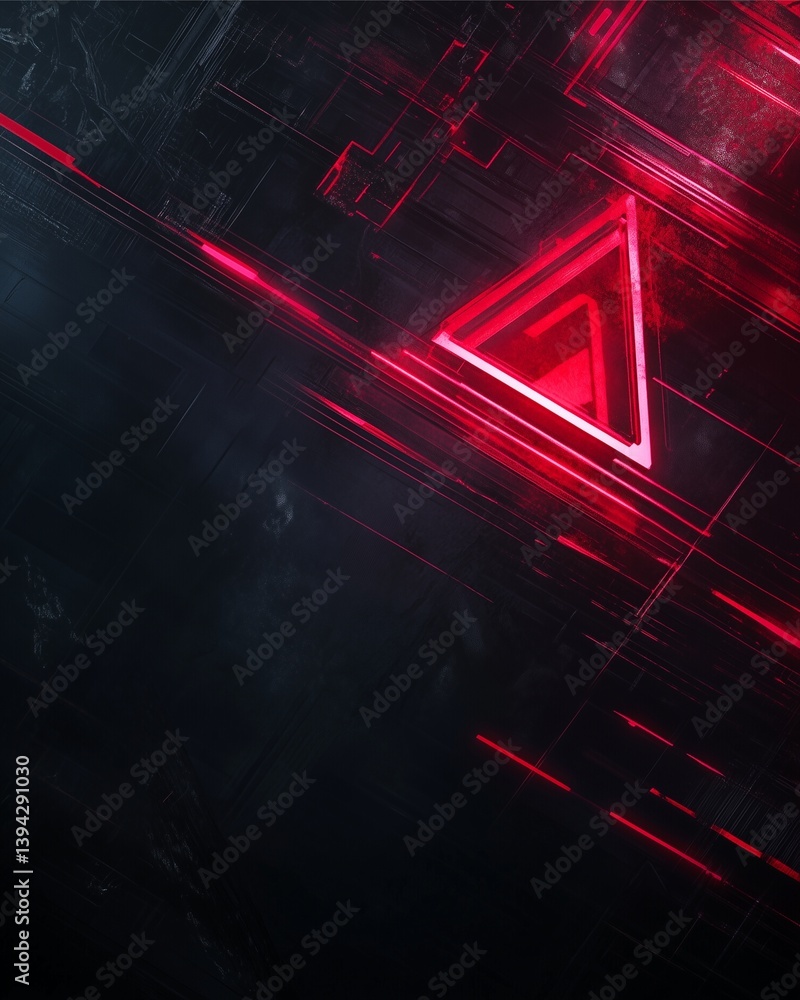 Poster geometric neon red triangle: a striking neon red triangle dominates the frame, interwoven with sleek