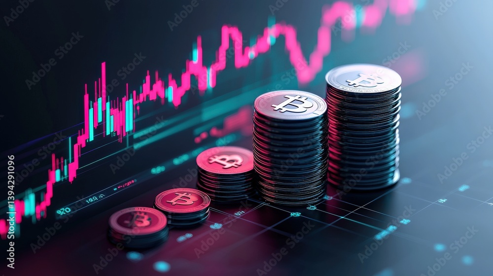 Poster a digital representation of stacked bitcoin coins with a fluctuating market chart in the background,