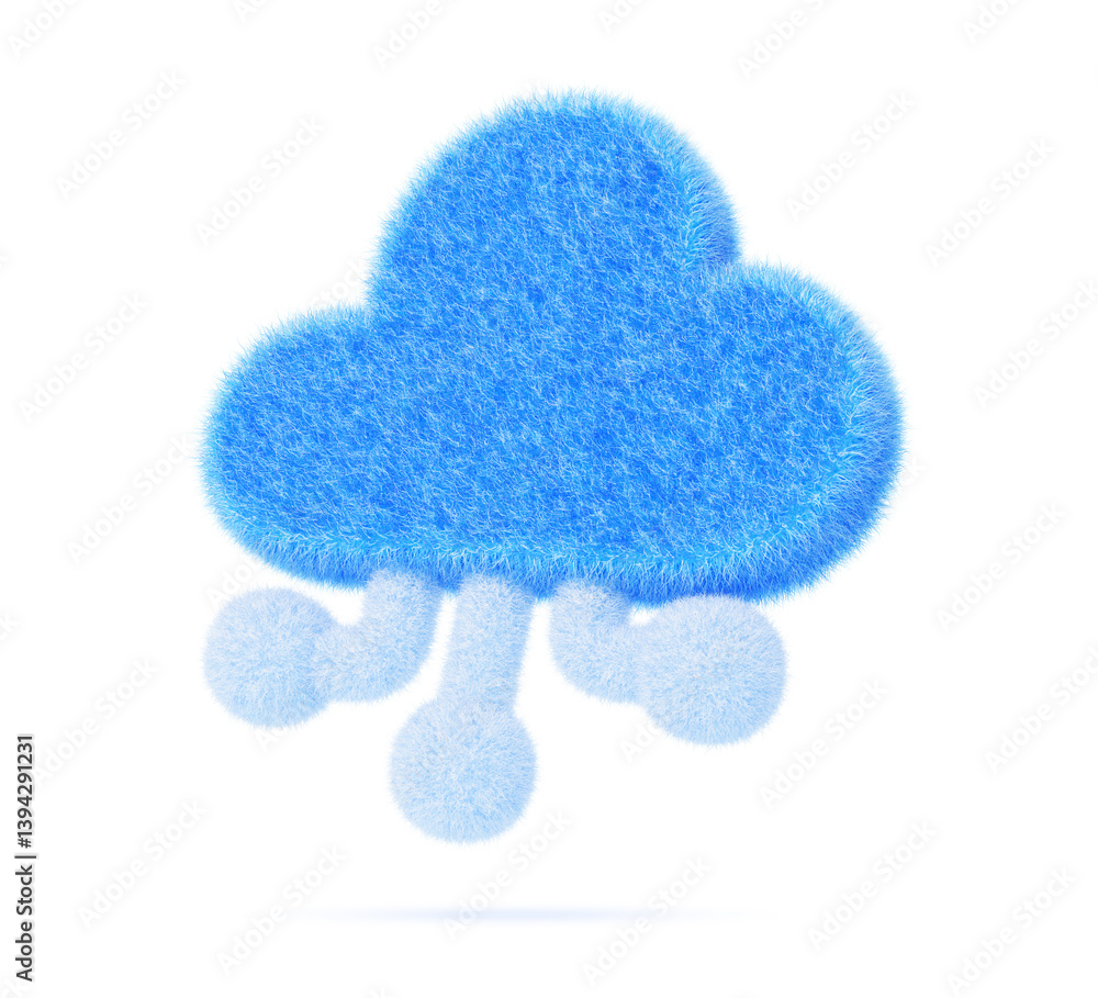 Poster 3d blue fur fluffy ai cloud icon render. artificial intelligence, digital data storage, computing an