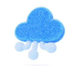 3d blue fur fluffy ai cloud icon render. Artificial intelligence, digital data storage, computing and learning. Fuzzy web technology symbol with chip connection lines, hairy texture. 3D illustration