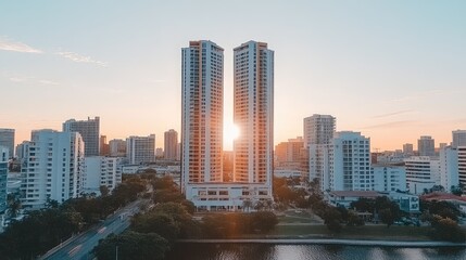 Obraz premium Towers stand, sun setting, city background. Water, street, trees, and apartments in view. Warm light illuminates