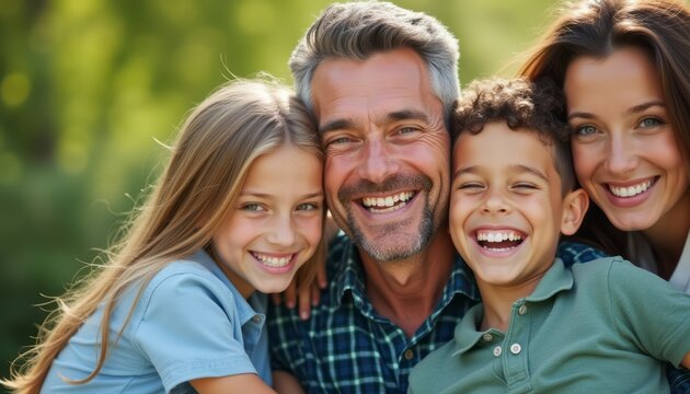 A heartwarming family portrait captures a joyful moment with a smiling grandfather, two children, and a woman, all radiating happiness. Their bright smiles and close proximity create an atmosphere of