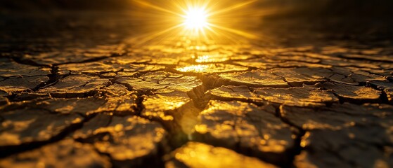 A close-up of the sun shining brightly over a parched, cracked earth.