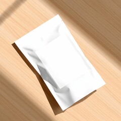 Metallic silver foil packaging, Crinkled snack bag, Blank label, Wooden table background, Studio lighting, Product photography, Realistic texture, High resolution, Close-up shot, Minimalist design