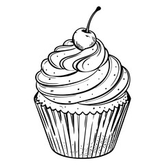 Black and White Retro-Style Cupcake with Cherry  