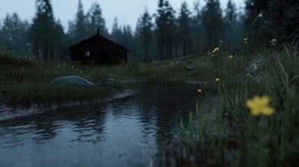 Fototapeta premium Misty forest scene with small cabin and stream