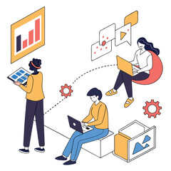 AI Technology Set: Characters Utilizing Generative AI Tools for Business, Content Creation, Marketing, and Automation Tasks. Vector Illustration Depicting Modern Workflows Enhanced by Artificial Intel