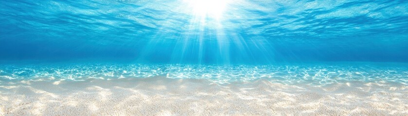 Fototapeta premium Crystal Clear Turquoise Waters with Sunlight Rays Illuminating Sandy Ocean Floor