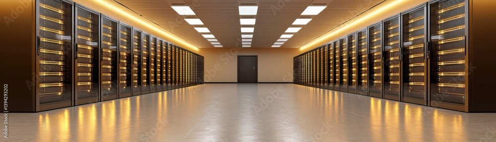 Poster modern data center interior with rows of servers and soft ambient lighting