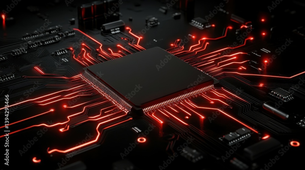 Poster close-up of a microchip glowing with neon lights, symbolizing advanced ai