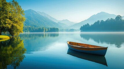 Lake with a boat drifting across the calm water