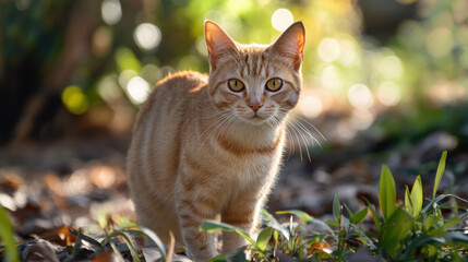 One cat is sitting in the garden.