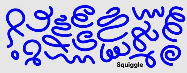 Minimalist squiggle-style illustration in bold blue on a light gray background. Repeating playful loops form a visual rhythm with the word “Squiggle” anchored in bold black type.