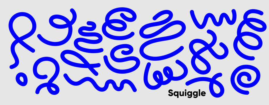 Minimalist squiggle-style illustration in bold blue on a light gray background. Repeating playful loops form a visual rhythm with the word “Squiggle” anchored in bold black type.