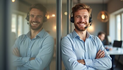 A cheerful young man with a headset stands confidently with his arms crossed, reflecting a positive work environment. His bright smile and professional attire create an inviting atmosphere, showcasing