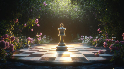 Maze garden 3d render illustration. Chess, trees with pink flowers.