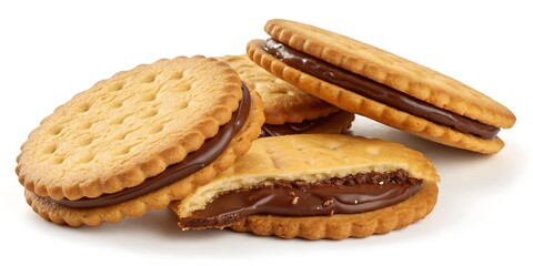Crunchy sandwich cookies filled with rich chocolate cream, ideal for snack ads, packaging, and dessert promotions.