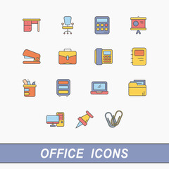 A collection of flat-style office icons representing common work and business tools, such as a desk, chair, calculator, laptop, and folder. Perfect for illustrating office tasks, working environments.