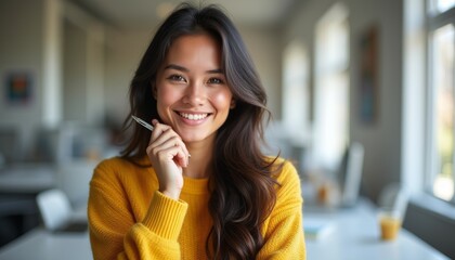 Fototapeta premium A radiant young woman with long, flowing hair beams at the camera while holding a pen, exuding warmth and confidence. Set in a bright, inviting café, her joyful expression and vibrant yellow sweater