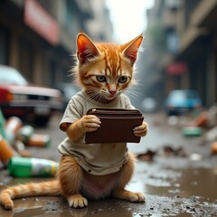 A small orange tabby stray street cat 