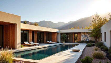 Fototapeta premium Sleek Palm Springs Retreat: Geometric Architecture, Mountain Views