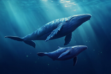 blue whale mother with calf