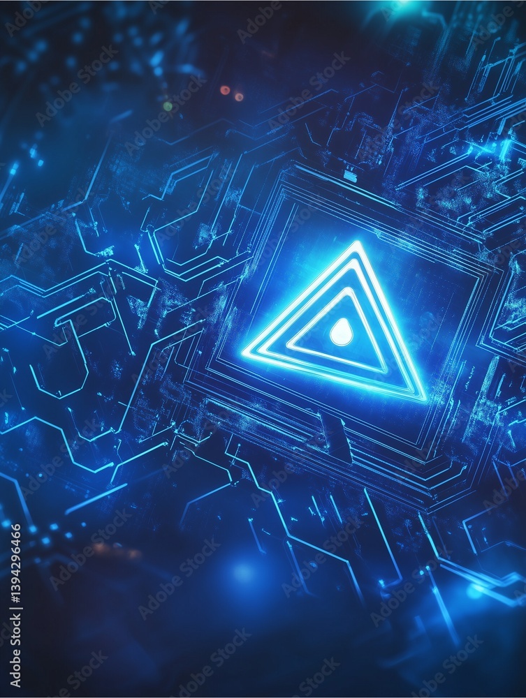 Poster neon circuitry: intricate neon circuitry illuminated by glowing triangles, illustrating technologica