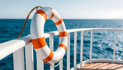Life preserver on ship railing over calm water