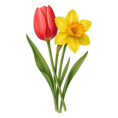 Fototapeta premium Close-up of Pink Tulip and Yellow Daffodil Bouquet
