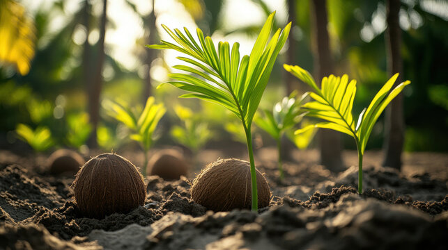 Coconuts and coconut seedlings in the ground, a garden with green palm leaves, tropical plant growth on the beach for decoration of exterior or interior home decor, an organic nature background.