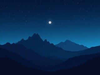 Silhouette of a mountain range under a starry night sky, deep blue hues, subtle glow of the moon