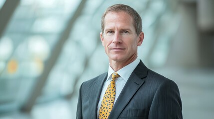 Fototapeta premium A professional man in a suit and tie, standing in front of a sleek, modern background.