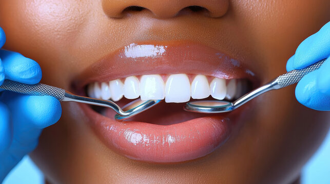 patient receiving dental care with tools in dental clinic, showcasing close up of healthy teeth and bright smile. dental professional is focused on providing thorough checkup