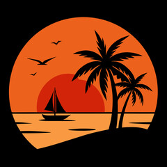 Sunset Illustration of Gradient beach landscape silhouette vector background