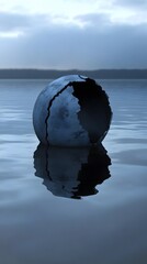 Fototapeta premium Cracked Stone Sphere Floating on Calm Water, Surreal Abstract 3D Render