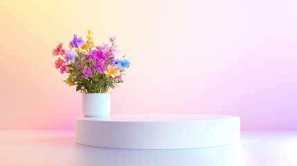 Fototapeta premium Vibrant bouquet of colorful flowers on a white pedestal against a soft pastel gradient background