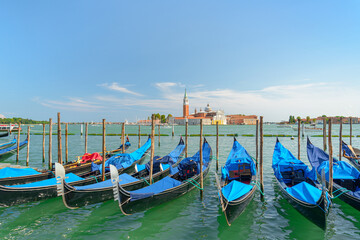 Scenic view of the Venetian Lagoon and row of gondolas