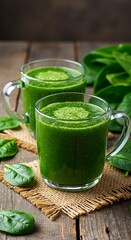 Refreshing green spinach smoothie in glass mugs, a vibrant healthy treat perfect for a revitalizing morning, set on a rustic wooden table with burlap mat.