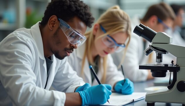 A diverse group of students, including a Black man and a Caucasian woman, are deeply immersed in their scientific studies, taking notes while working with a microscope. The image captures the essence