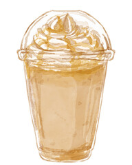 テイクアウトカップに入ったキャラメルフラペチーノの水彩イラスト