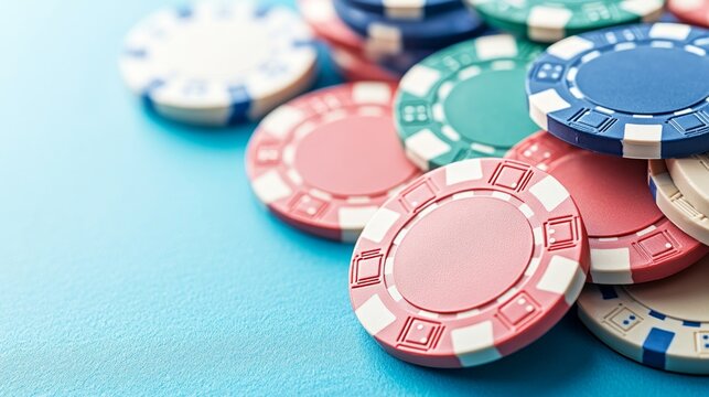A collection of vibrant poker chips in various colors rests on a blue surface, symbolizing excitement and potential rewards in gambling activities at casinos