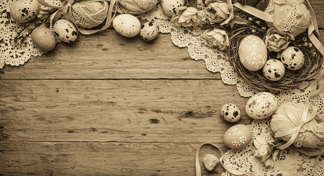 Vintage Easter flower decoration with eggs and lace on a wooden surface
