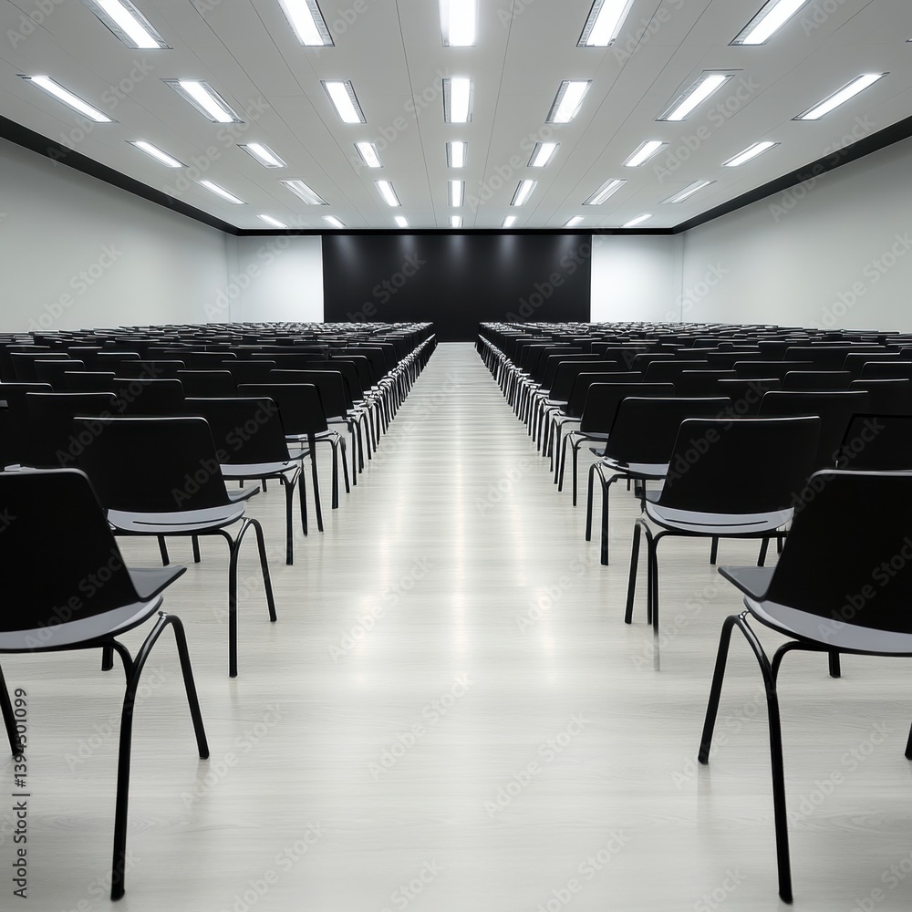 Poster brightly lit minimalist corporate training room with empty black chairs facing large blank screen id