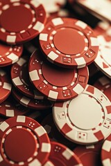A dynamic arrangement of poker chips fills the frame, showcasing red and white designs that embody the thrill of casino gaming and high-stakes bets