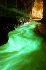 Glowing Green River in Cave, Underground River, Magical Cave Scene, Fantasy River, Surreal Landscape,  Nature's Glow