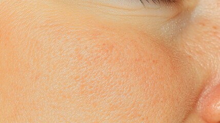 Fototapeta premium Close-up of smooth, healthy skin on the cheek with visible pores and small blemishes. Fine lines around the eyes