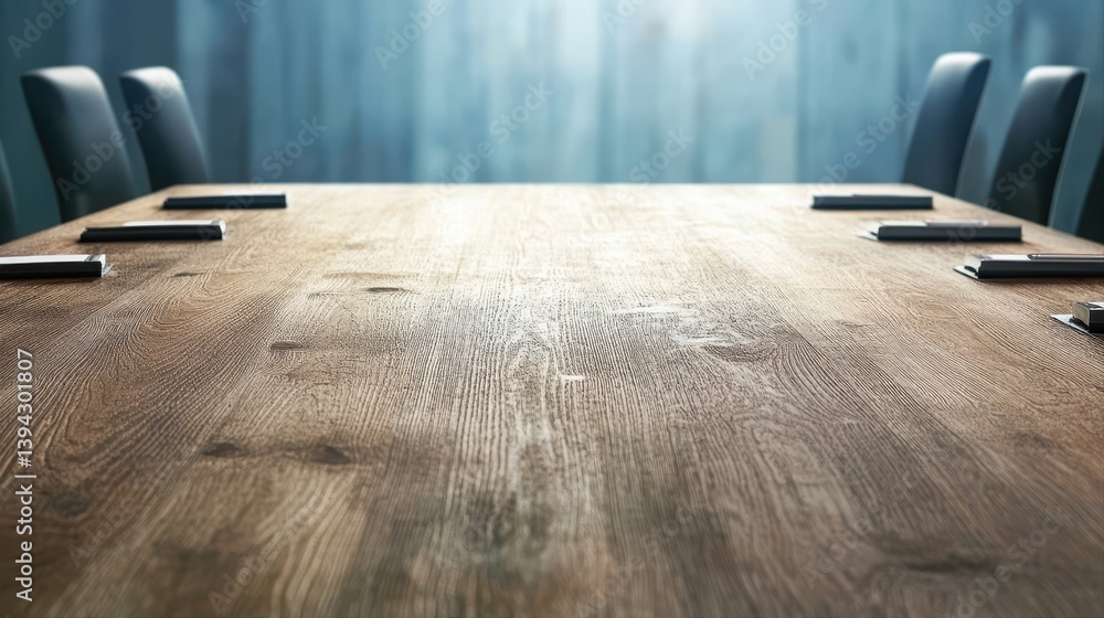 Poster empty conference table with place settings ready for meeting illustrating group dynamics and offe co